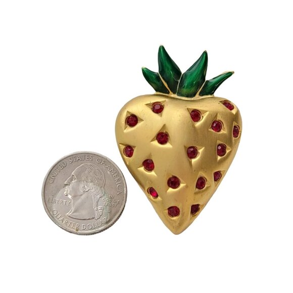 Givenchy Gold-Tone Red Rhinestone Green Enamel Leaf Strawberry Brooch, Signed - Picture 2 of 9